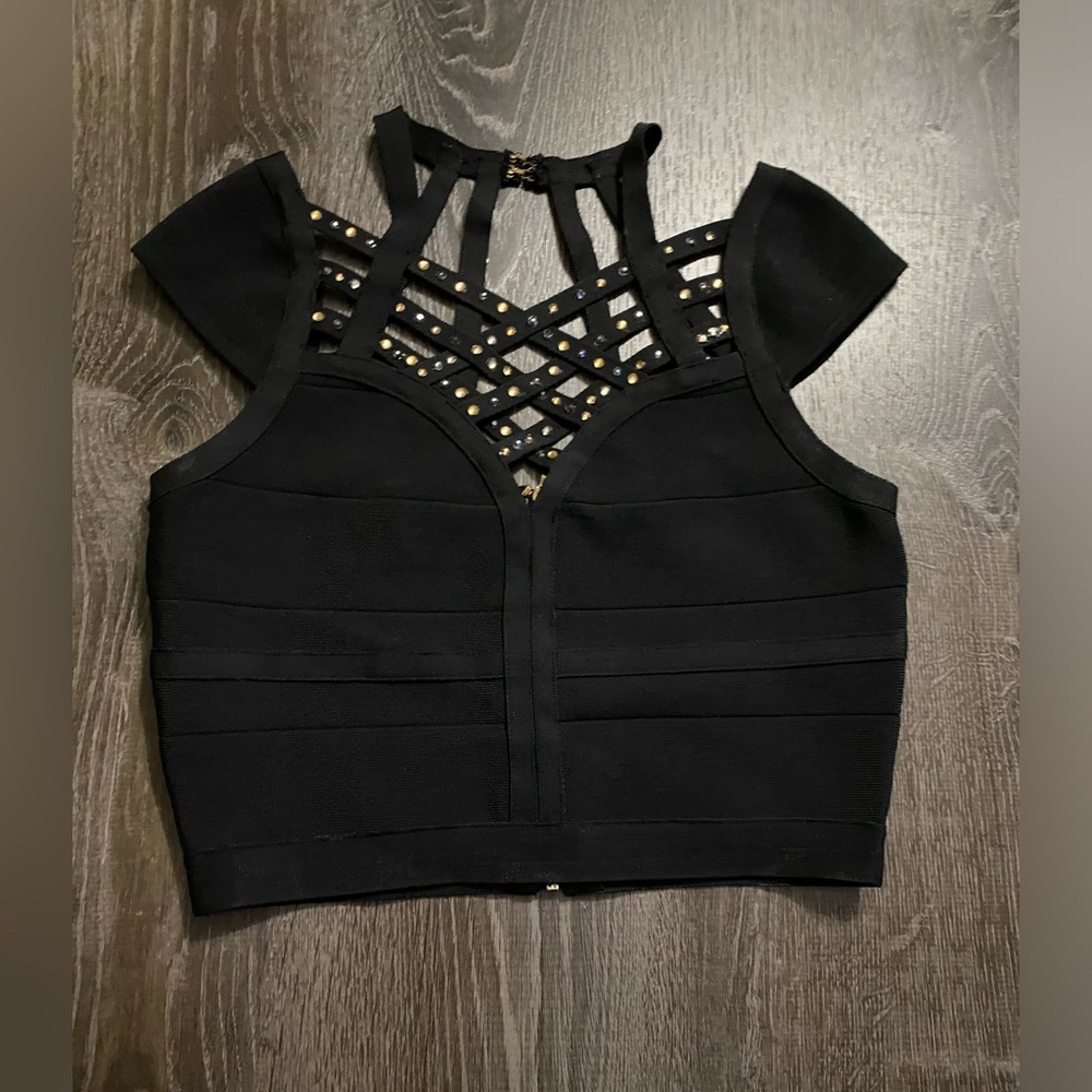 ‼️Bebe Top with gold & black rhinestones added by hand.